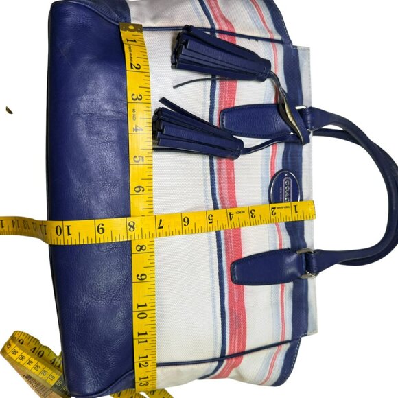 Coach Stripe Canvas & Navy Leather Satchel Tote – Tassel Bag Zip Pocket – Large - Picture 12 of 13